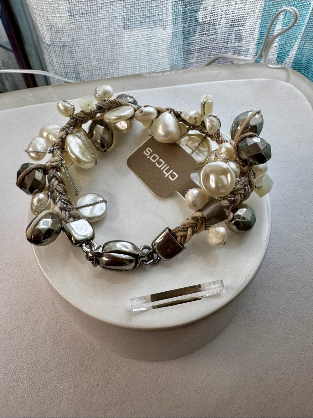 Chico's Braided Pearl and Hematite Charm Bracelet - Ivory & Gunmeta 266l
